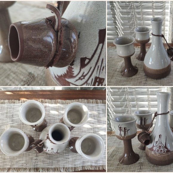 Studio Art Pottery Decanter Set of 5 La Canadienne VTG Bottle + 4 Goblets Signed - Picture 10 of 15